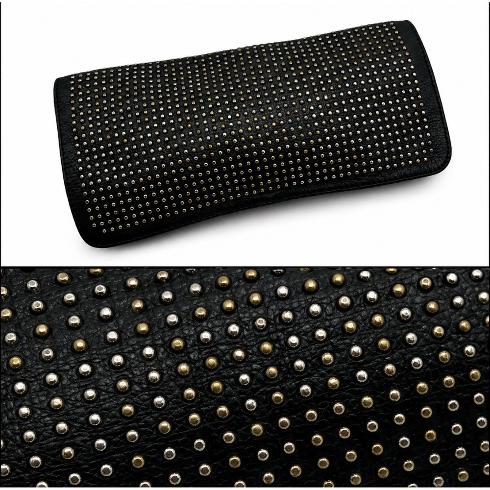 Kenneth Cole Black Studded Leather Clutch Purse Mini Evening Bag Silver Gold
